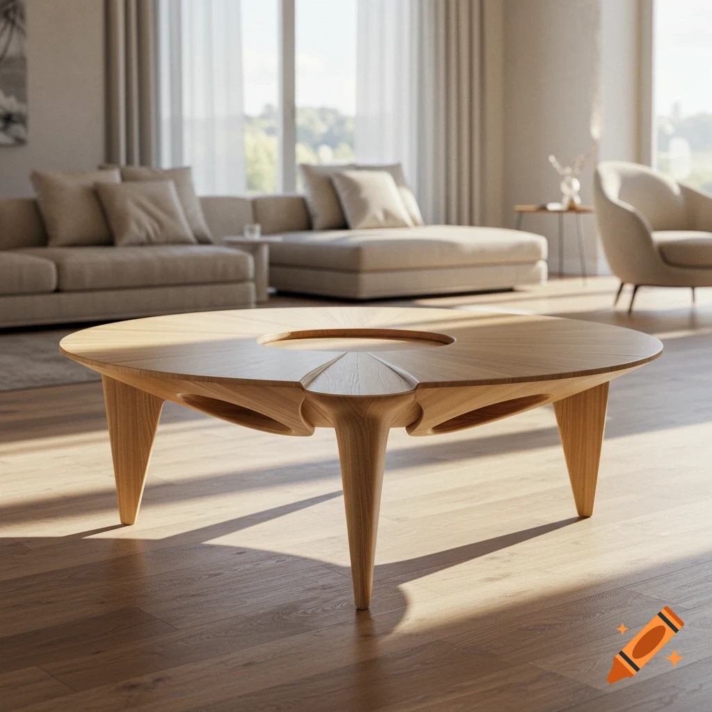 A modern wooden coffee table with a curved, empty center in a bright, minimalist living room with a sofa and chaise lounge.