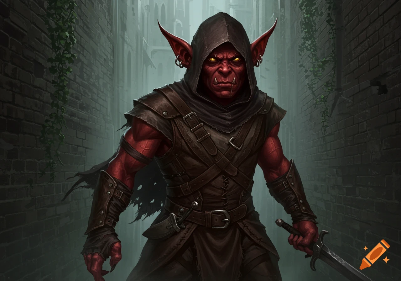 A menacing red hobgoblin with glowing eyes and a dark hooded cloak stands in a narrow, misty alley holding a sword.