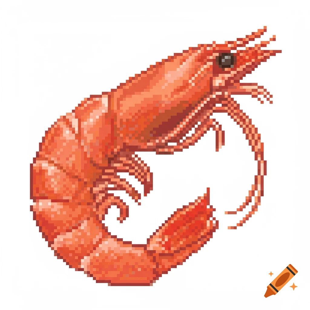 A red pixel art illustration of a raw shrimp on a white background.