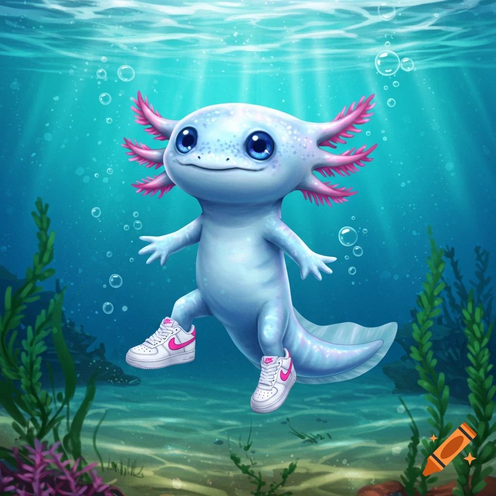 A cute cartoon blue axolotl with pink gills swims underwater wearing white sneakers with pink Nike swooshes.