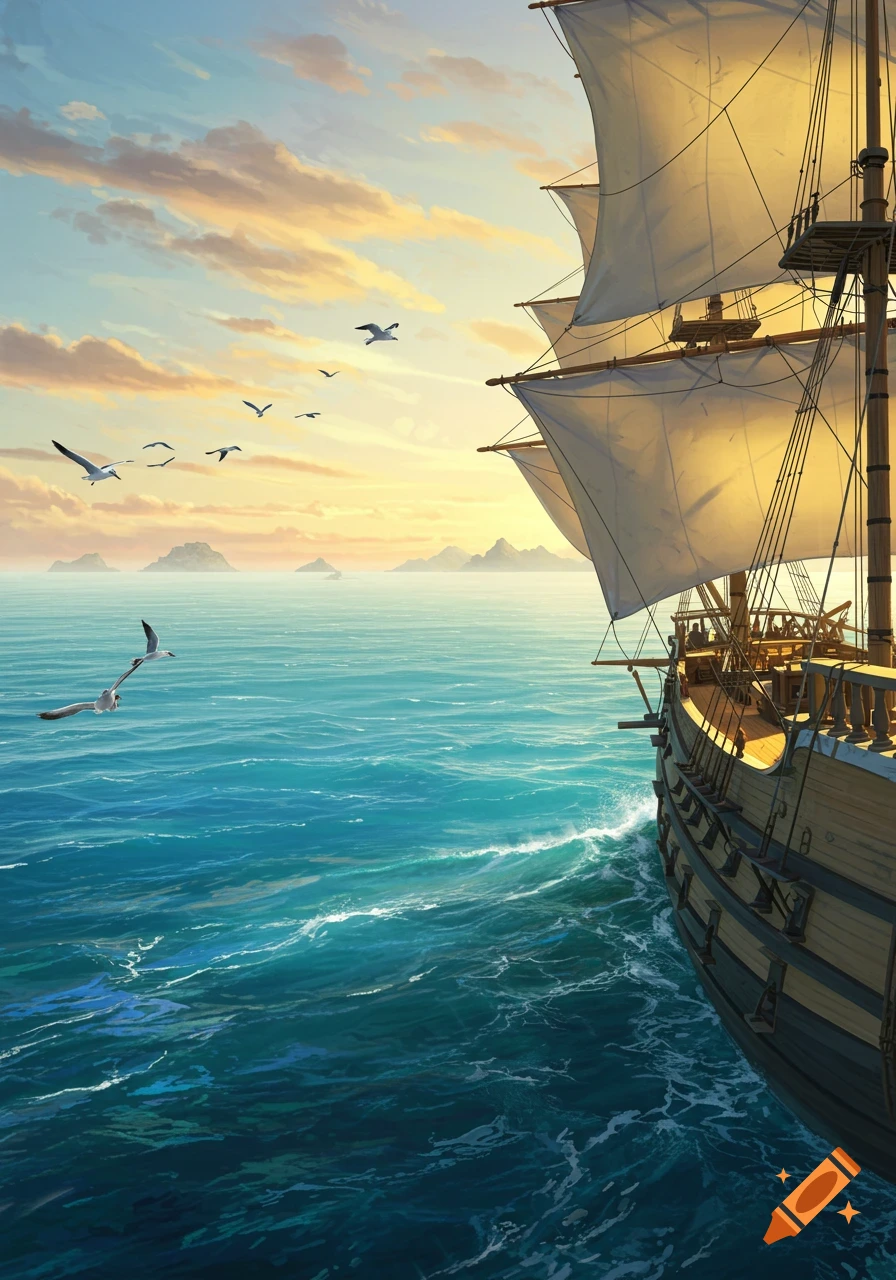 A large sailing ship on a calm blue ocean under a beautiful sunset sky, with seagulls flying overhead and distant islands.