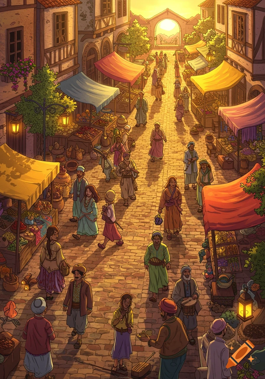 An illustrated, bustling market scene at sunset, with many people in traditional clothing walking on a cobblestone street lined with vendor stalls and buildings.