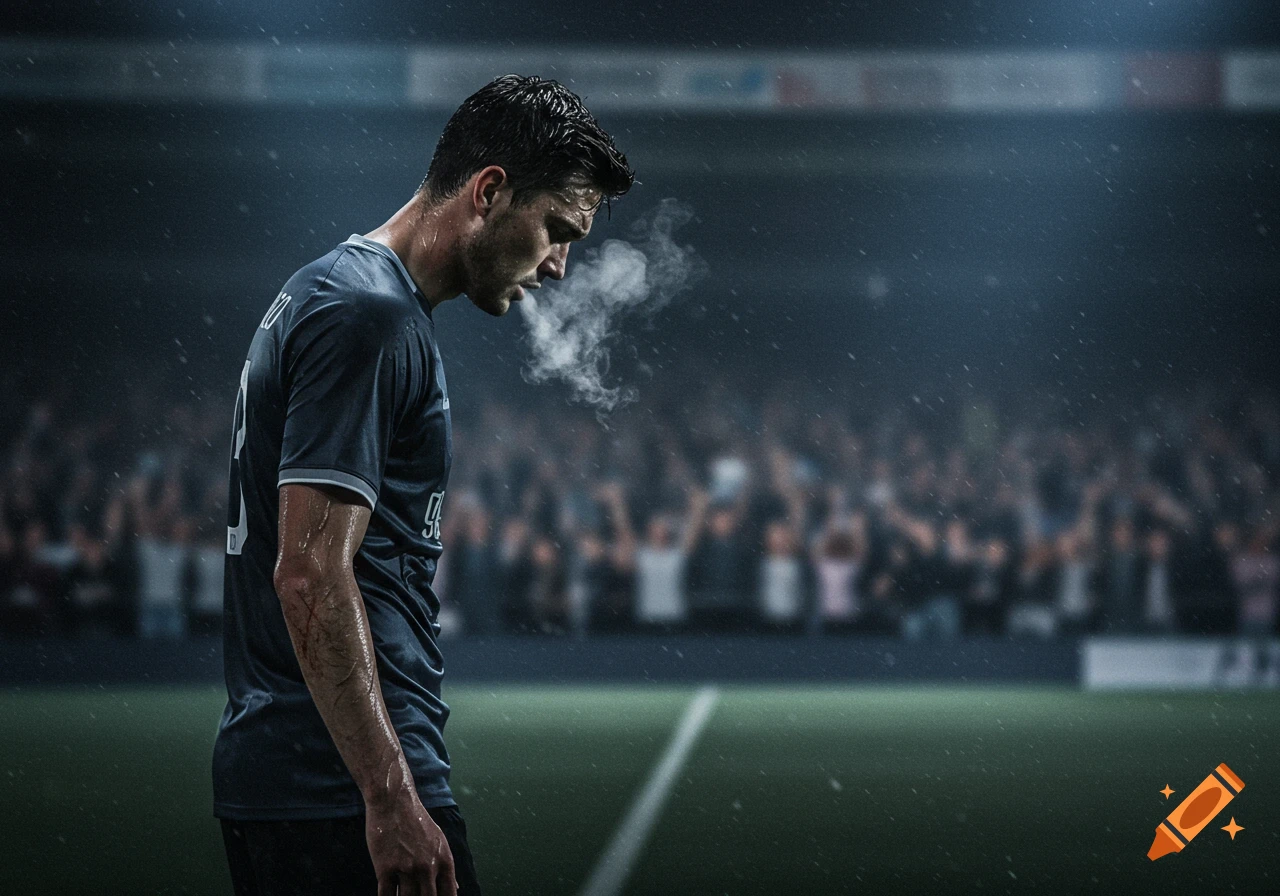 Photorealistic image of a somber soccer player exhaling steam on a rainy, floodlit field at night, stadium lights and blurry crowd in background.