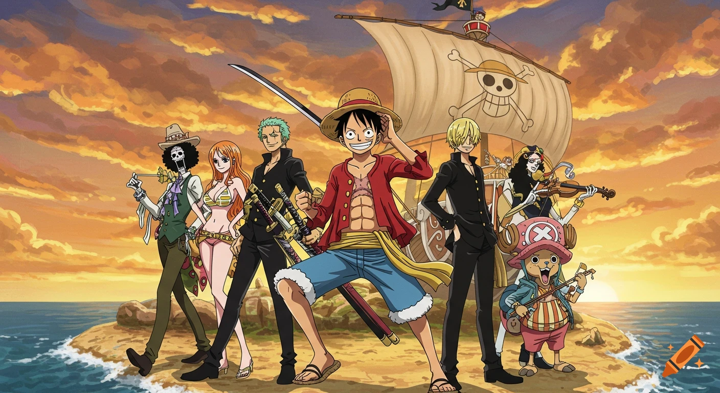 The Straw Hat Pirate crew from One Piece stands on a sandy island at sunset, with their ship behind them.
