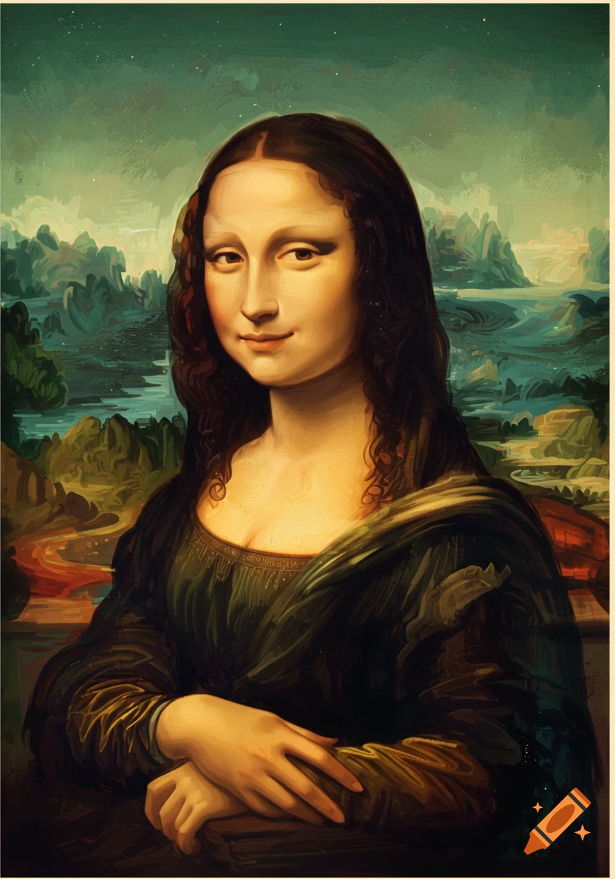 A stylized, painterly portrait of the Mona Lisa, with a dark dress and a landscape background.
