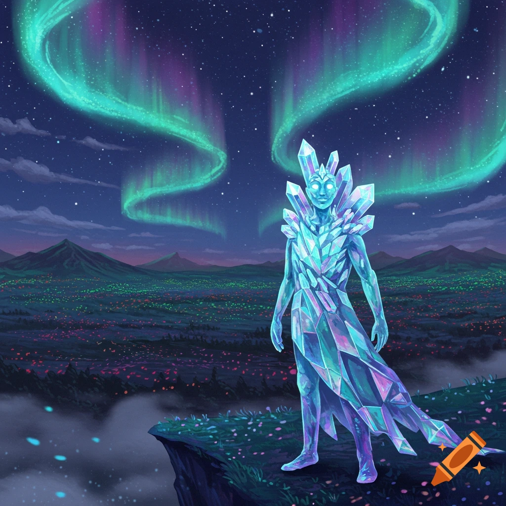 A shimmering crystalline figure stands on a cliff overlooking a city under a vibrant aurora borealis sky.