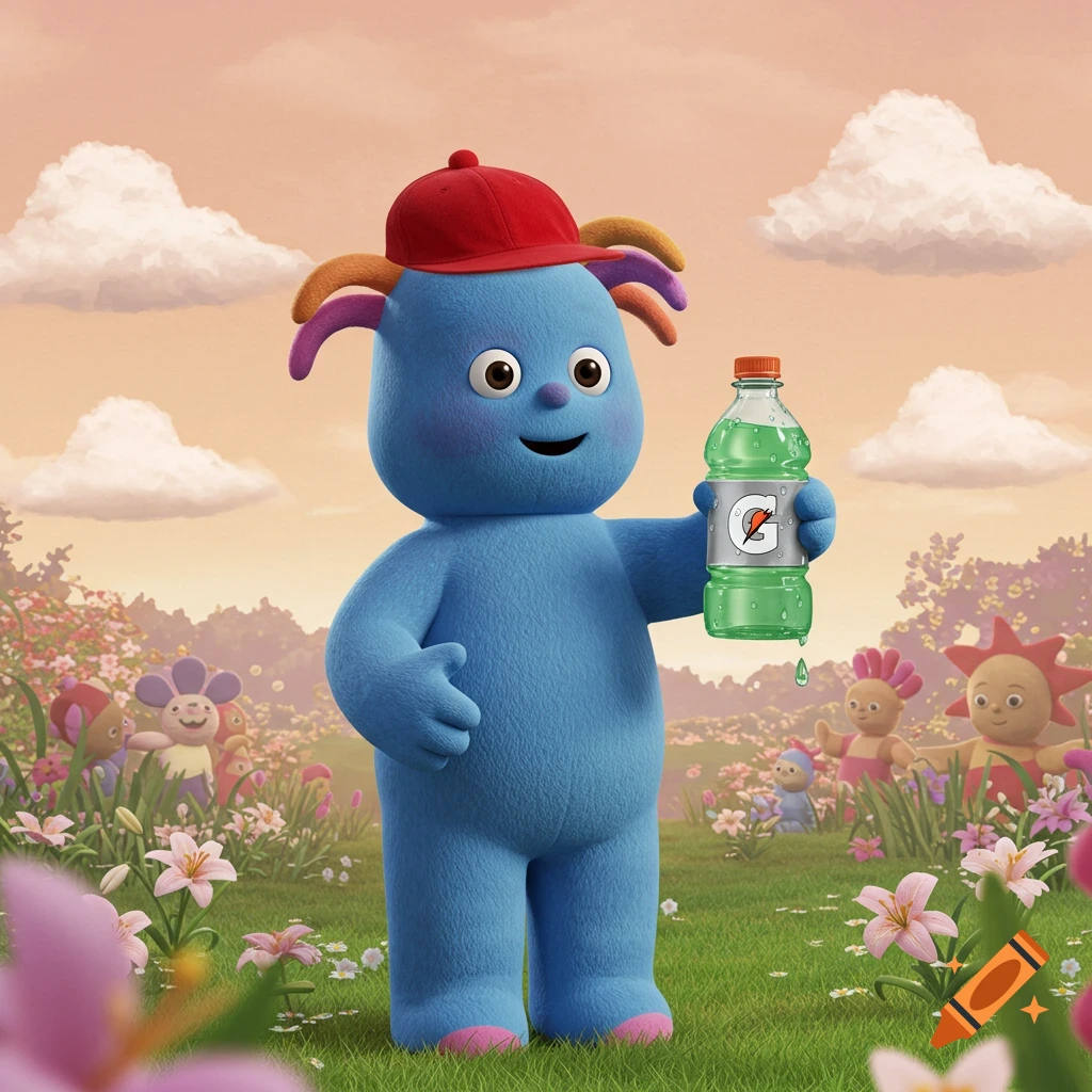 Iggle Piggle, a blue furry creature, wearing a red baseball cap and holding a green Gatorade bottle in a vibrant garden.