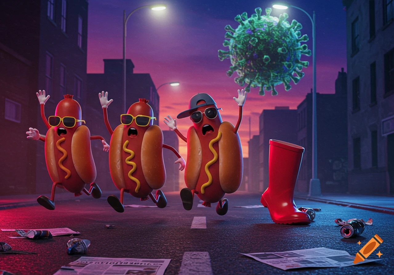 Three cartoon hot dogs with sunglasses run in fear from a large floating coronavirus on a city street at dusk, with a red rain boot and scattered debris on the ground.