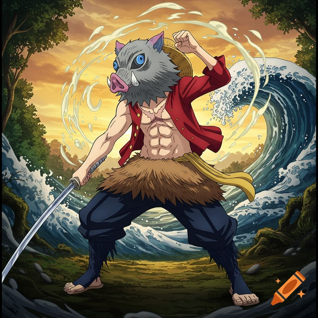 An anime character fusion of Inosuke and Luffy, standing powerfully in a forest with a sword and swirling water, at sunset.