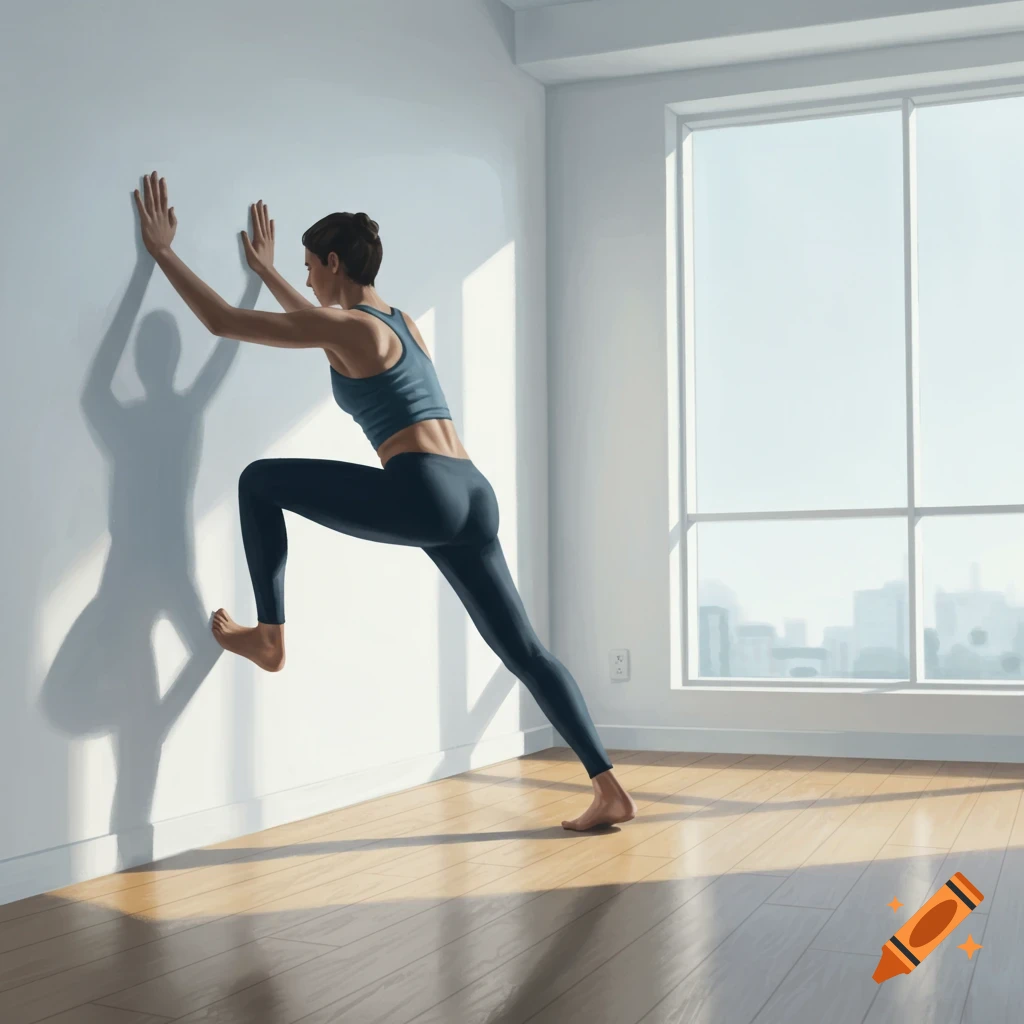 A woman in athletic wear performs a wall calf stretch against a white wall in a bright room with a city view.