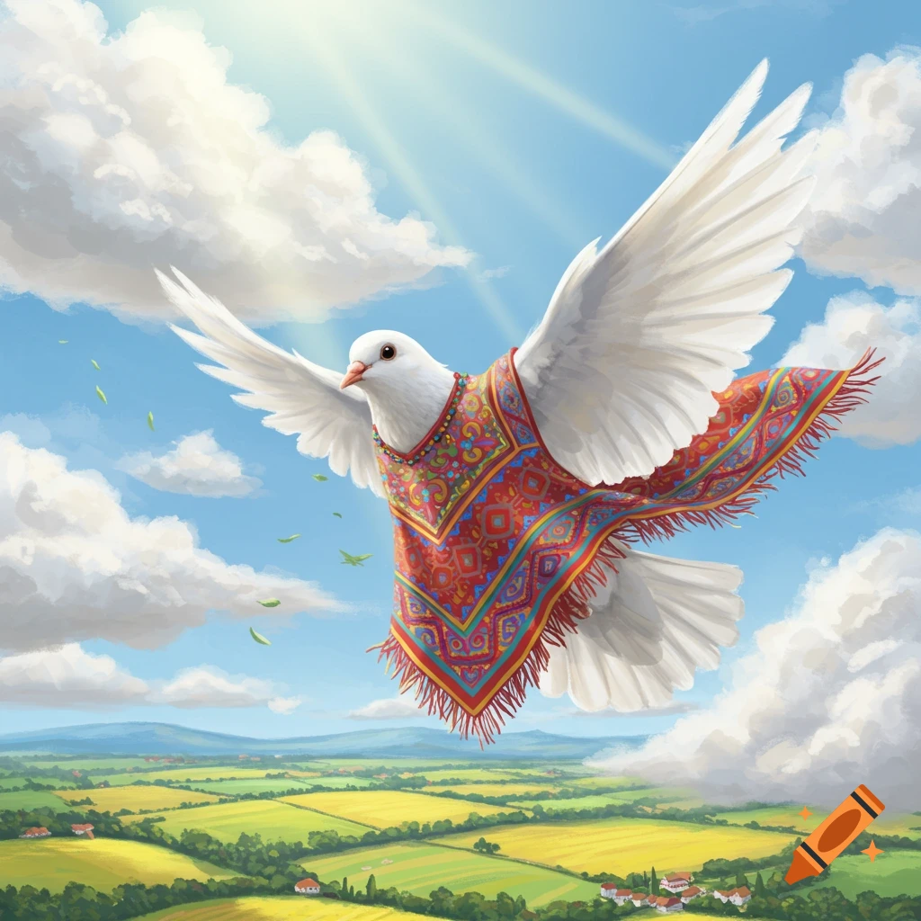 A majestic white dove in a colorful patterned poncho soars above fields under a sunny blue sky.