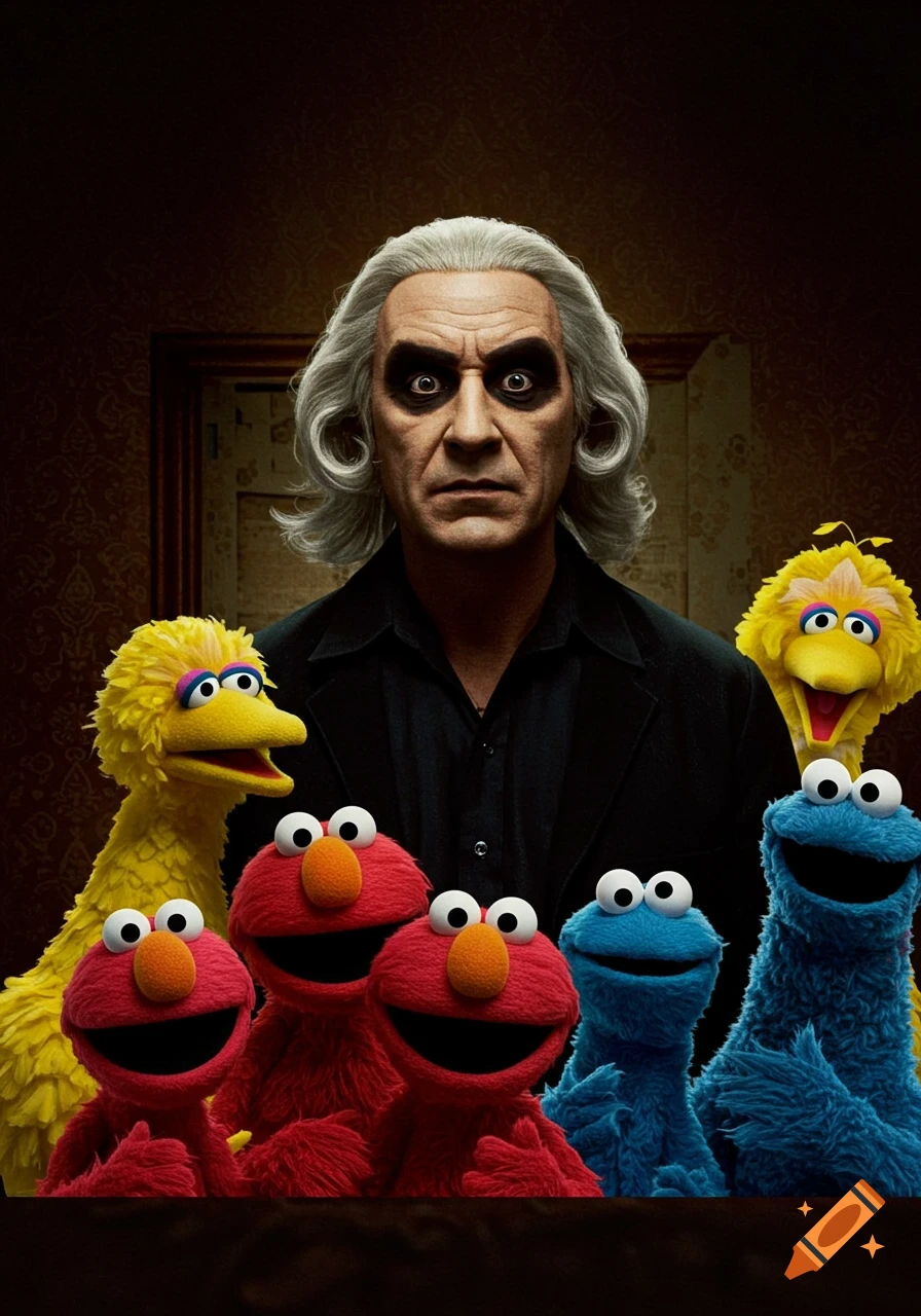 A pale, unsettling man with dark eyes and white hair stands behind happy Big Bird, Elmo, and Cookie Monster puppets in a dark room.