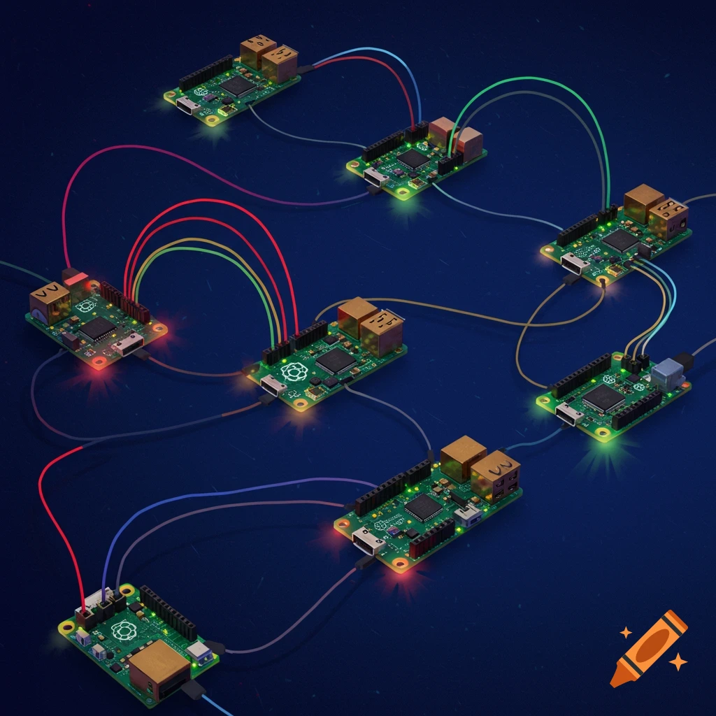 Multiple interconnected Raspberry Pi single-board computers on a dark blue background with glowing green and red lights.