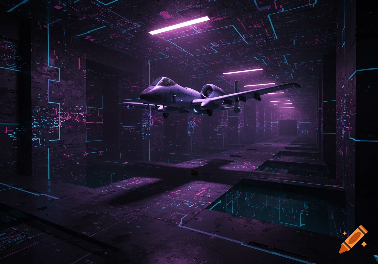 A-10 Thunderbolt II military aircraft flies through a dark, futuristic tunnel with glowing pink and blue circuit-like lines on the walls and ceiling.