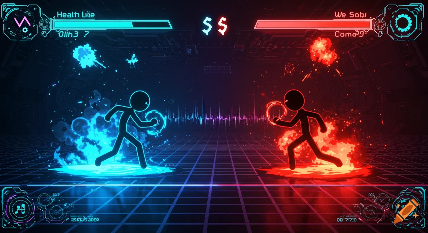 Two stick figures, one blue and one red, fighting in a video game interface with health bars and glowing energy effects on a grid background.
