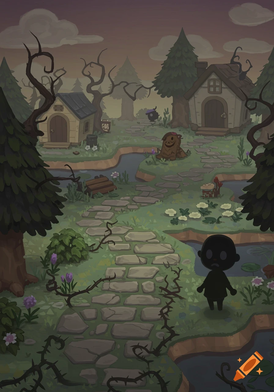 A dark, spooky Animal Crossing island with two houses, gnarled trees, a path, and a shadowy figure in a cartoon style.