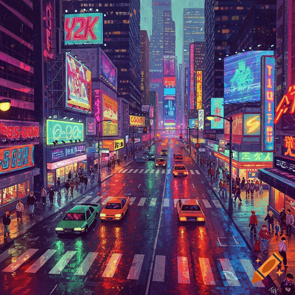 A vibrant, rain-slicked city street at dusk, with towering buildings lit by neon signs, including a prominent "Y2K" sign, cars, and pedestrians. The wet street reflects the colorful lights.