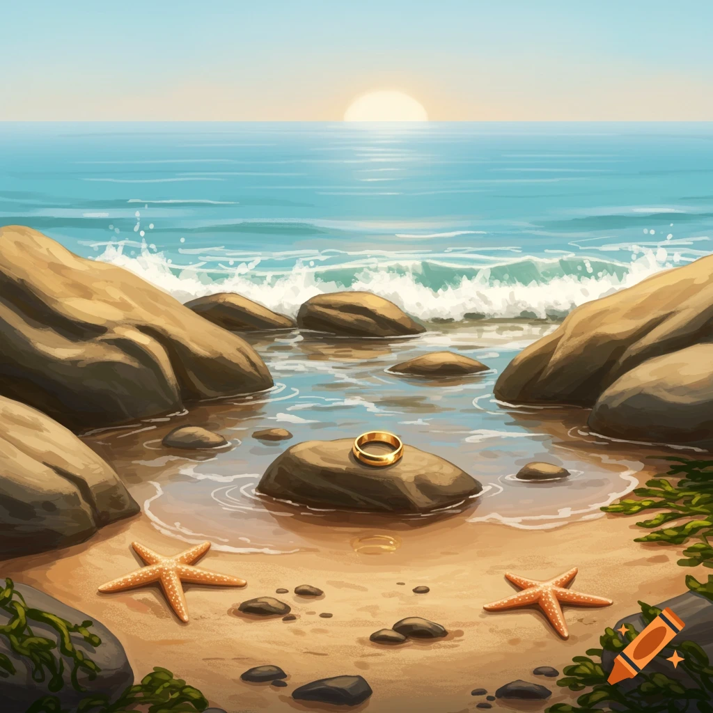 A golden ring rests on a rock on a sandy beach with starfish, ocean waves, and a sunset in the background.