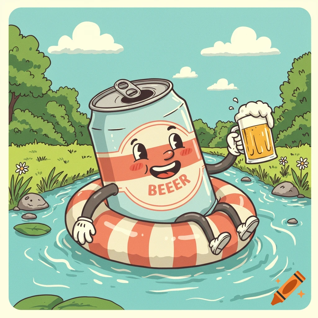 A smiling vintage cartoon beer can floats down a river in an inner tube, holding a mug of beer.