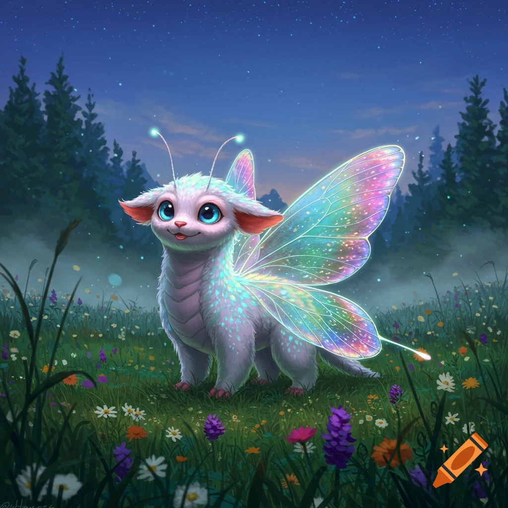 A whimsical, light-colored creature with large blue eyes and iridescent rainbow butterfly wings stands in a vibrant flower-filled meadow at dusk.