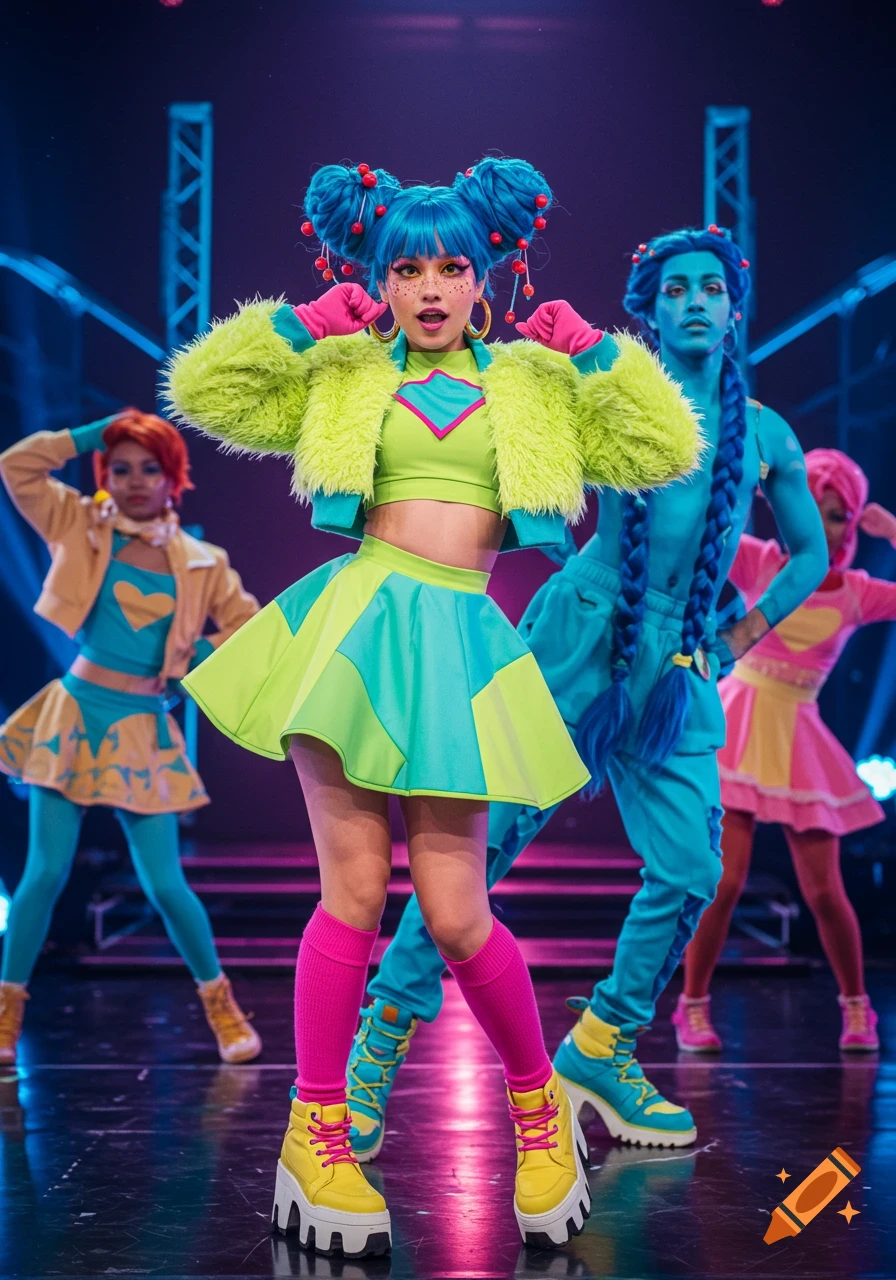 Vibrantly dressed dancer with blue hair and platform shoes on stage with other performers under neon lights.