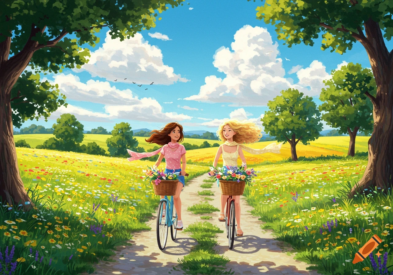 Illustrated scene of two women cycling on a dirt path through a sunny, vibrant wildflower field with trees.