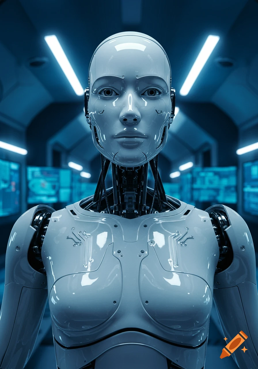 A photorealistic close-up of a white humanoid robot with exposed mechanics in a blue-lit futuristic corridor.