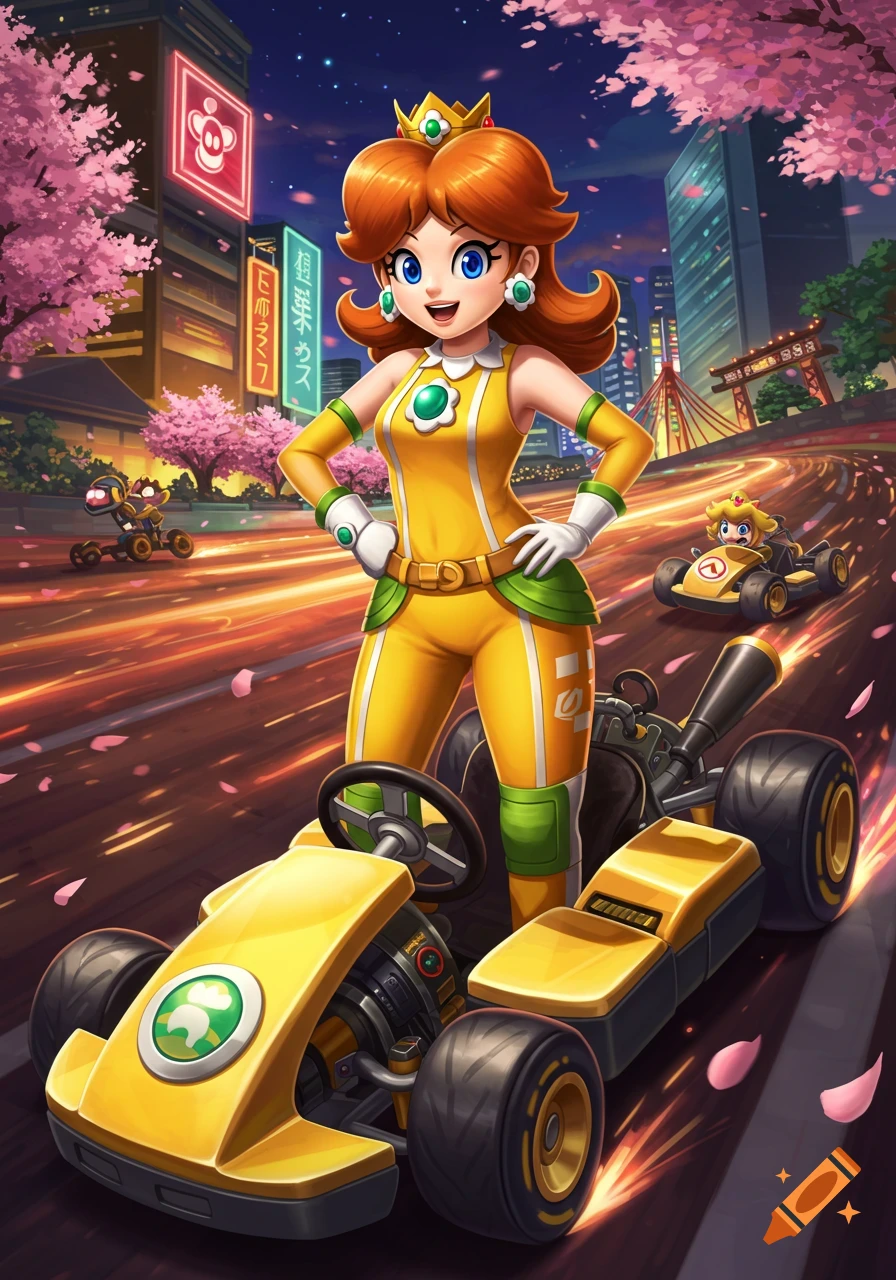 Princess Daisy in her yellow racing outfit stands next to a go-kart on a city track with cherry blossoms, in an anime style.