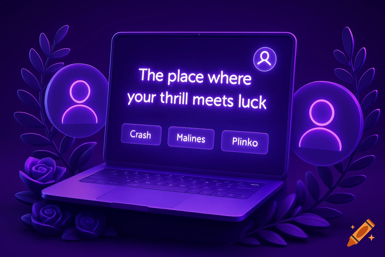 A laptop with a glowing purple screen displaying 'The place where your thrill meets luck' and buttons for 'Crash', 'Malines', 'Plinko', flanked by glowing user icons and stylized purple flora.