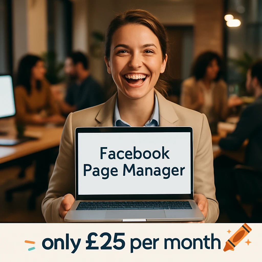Smiling woman in an office holds a laptop displaying 'Facebook Page Manager', with 'only 25 per month' text below.