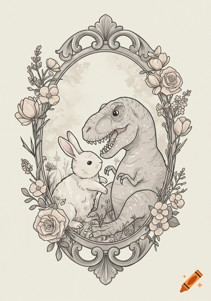 An illustration of a T-Rex and a fluffy bunny interacting sweetly inside an ornate, floral, oval gothic frame in a soft, childlike style.