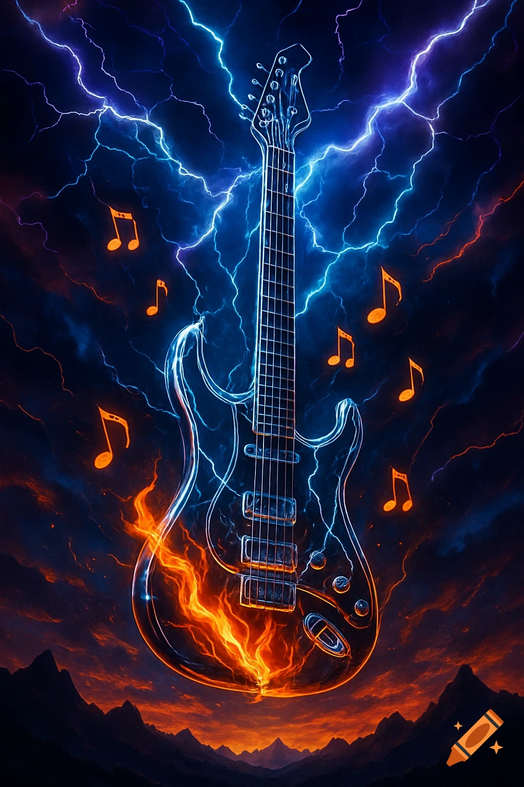 A vibrant electric guitar surrounded by blue lightning, orange flames, and musical notes against a dark sky with mountains.
