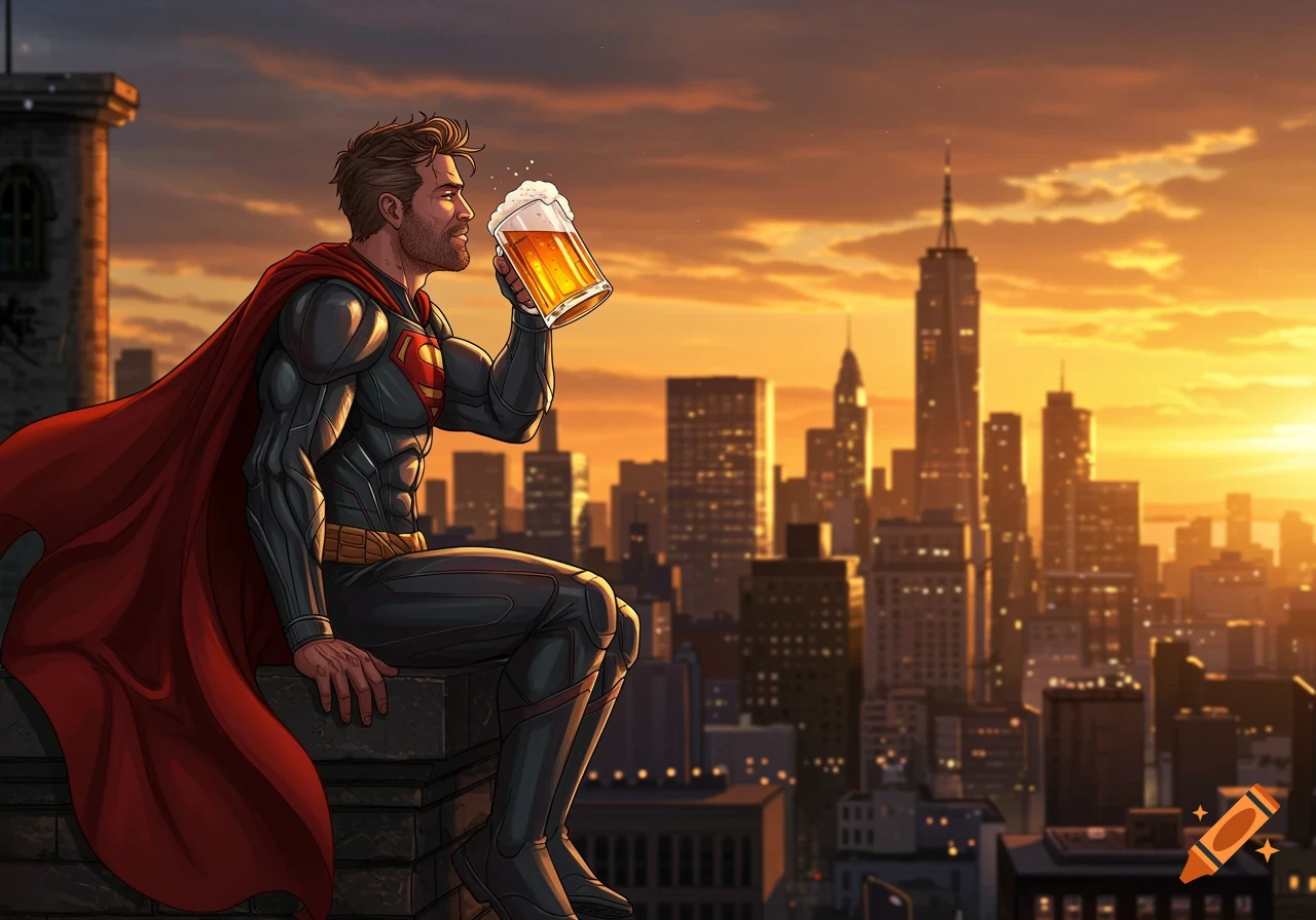 Superman-like hero sits on a rooftop, enjoying a beer while overlooking a city skyline at sunset, in a comic art style.