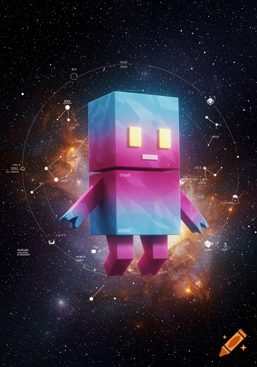 A blocky, pink and blue character with yellow eyes floats in a starry galaxy with constellation lines.