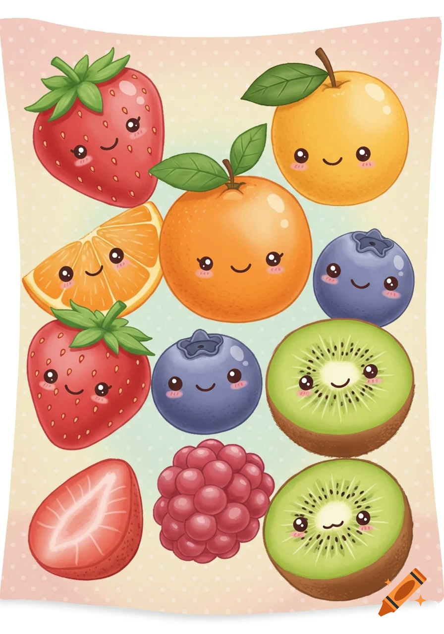 A colorful, cute illustration of various cartoon fruits like strawberries, oranges, blueberries, kiwis, and raspberries, all with smiling faces.