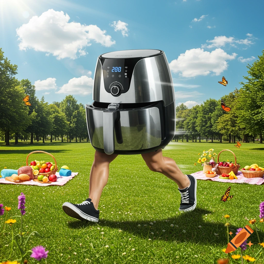 A photorealistic image of a stainless steel air fryer with human legs running through a sunny green park with picnic baskets and butterflies.