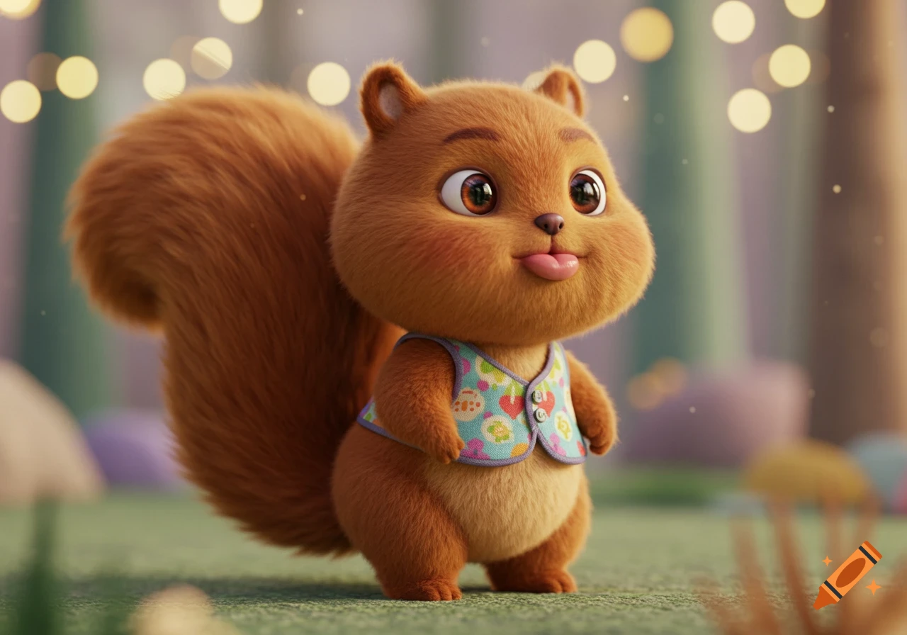 A cute, fluffy cartoon squirrel plush doll with big eyes, pouty lips, and a patterned vest stands in a blurred outdoor setting with bokeh lights.