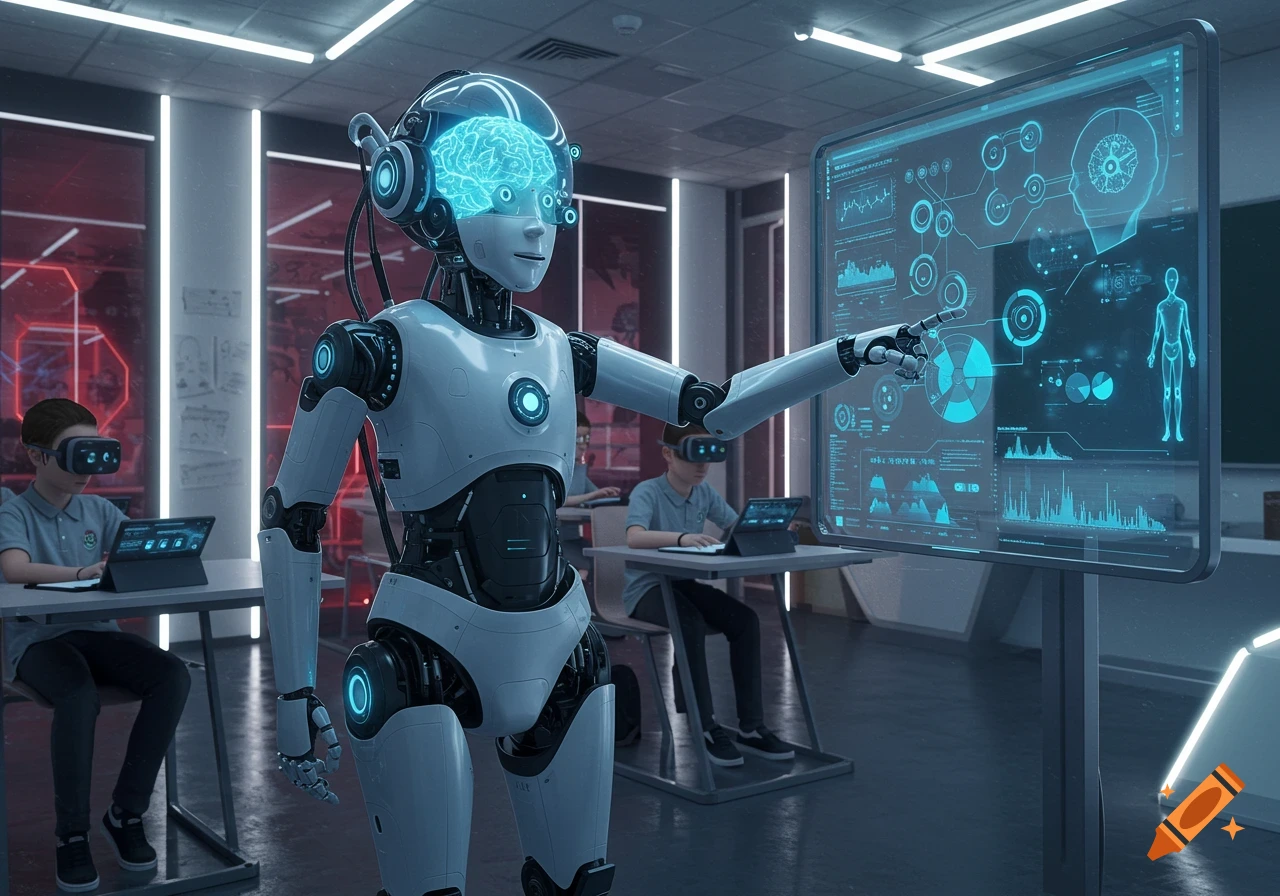 A futuristic robot teacher with a glowing brain points at a holographic screen displaying data in a classroom with students wearing VR headsets.