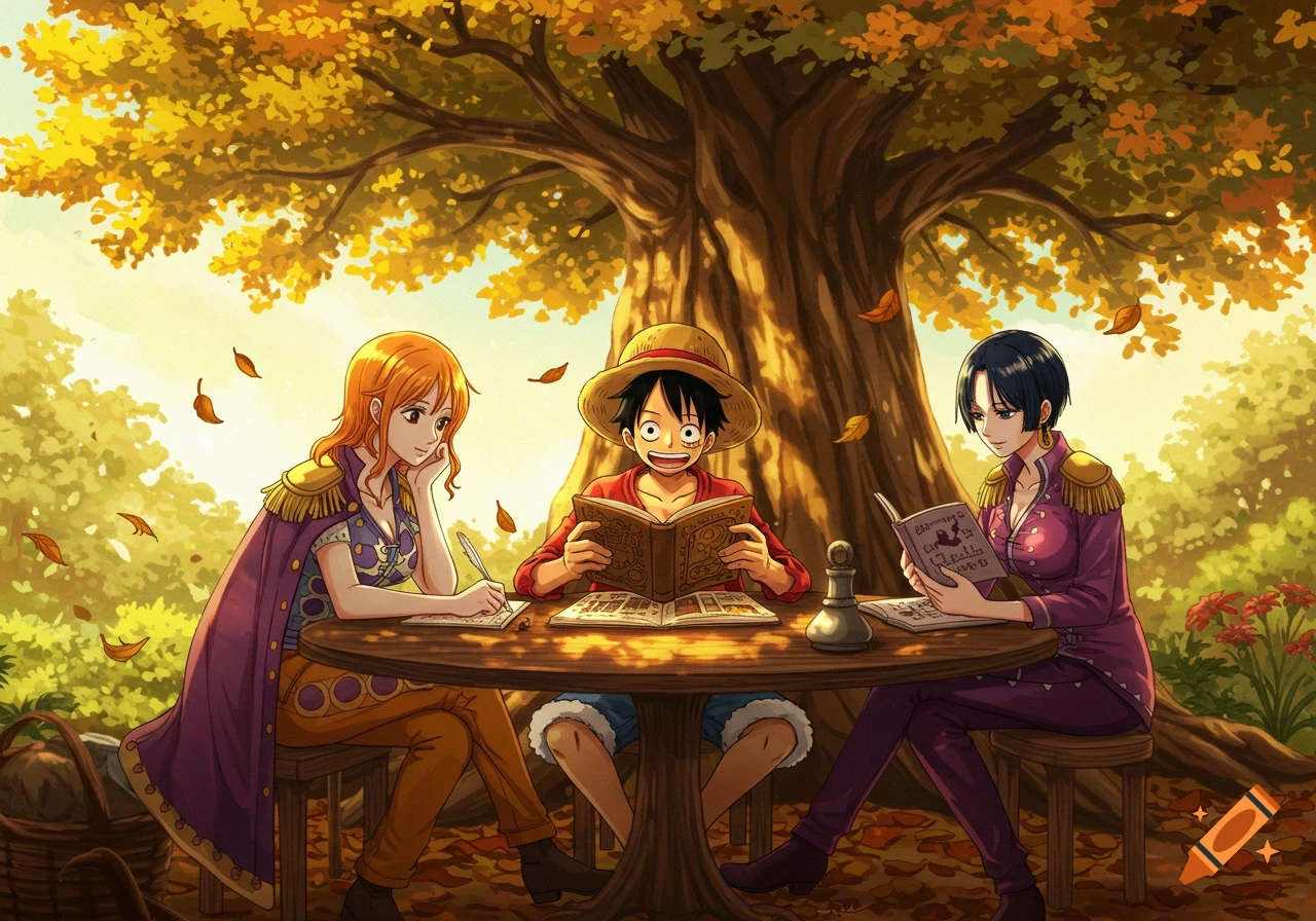 Three anime characters, Luffy, Nami, and Boa, are reading books under a golden autumn tree.