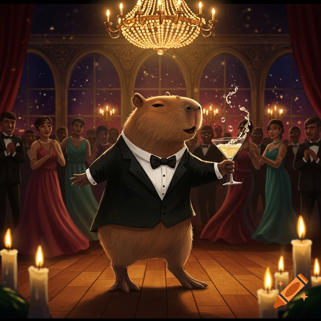 A capybara in a tuxedo dances in a lavish ballroom, holding a glass of champagne. Other formal-dressed guests are in the background.