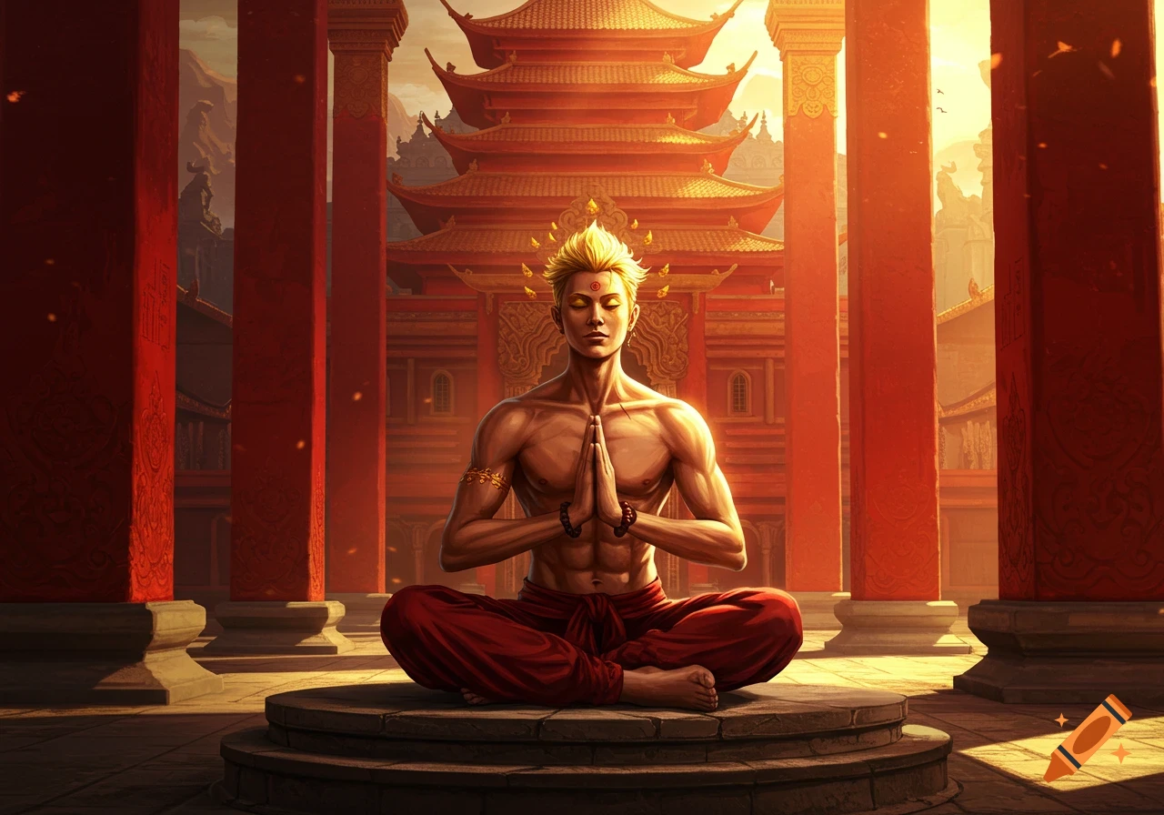A blonde-haired man in red pants meditates in a lotus position inside a large red monastery with pillars, illuminated by golden light.
