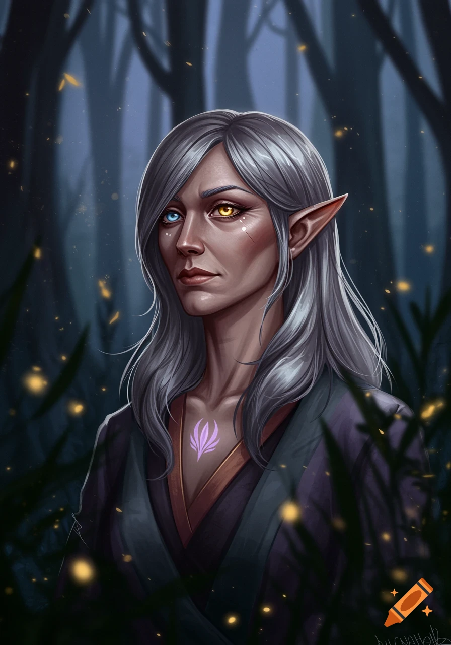 Portrait of an elf-like woman with long silver hair and heterochromia against a dark, magical forest background.