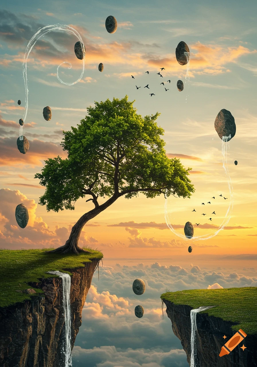 A vibrant green tree on a floating island cliff with a waterfall, surrounded by other levitating rocks, birds, and a sunset sky.