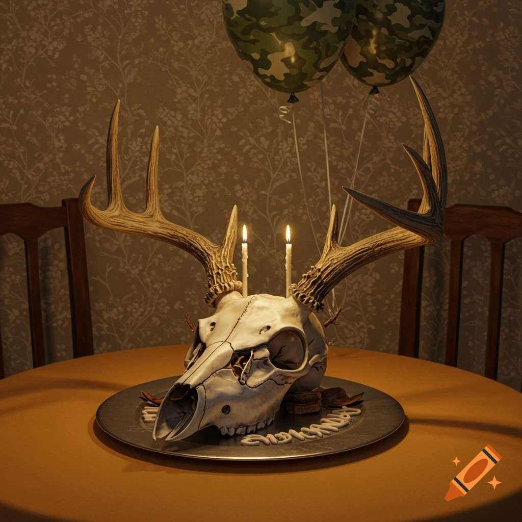 A photorealistic deer skull cake with antlers and two lit candles on a silver platter with camouflage balloons.