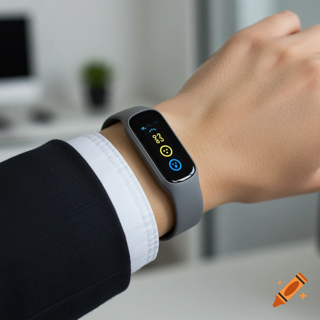 A close-up, photorealistic shot of a gray fitness tracker on a person's wrist, displaying colorful icons and numbers on its screen. The person is wearing a suit jacket.
