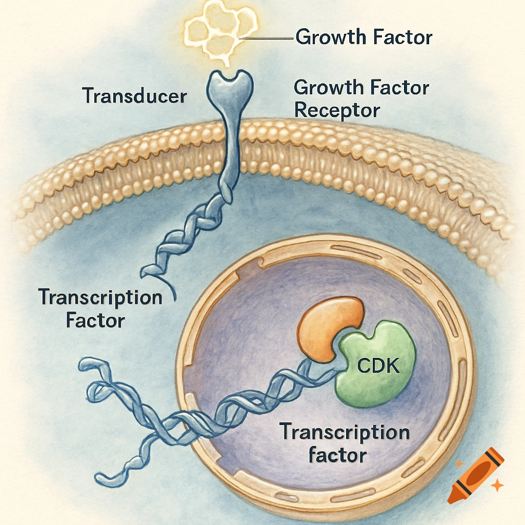 A detailed scientific diagram illustrating a cell signaling pathway, showing a growth factor binding to its receptor, activating a transducer, and leading to a transcription factor interacting with CDK inside the cell.