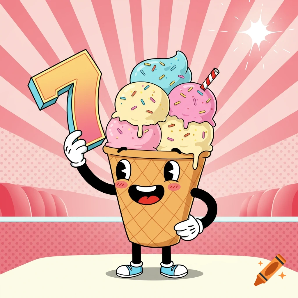 A retro cartoon ice cream cone character with a happy face holding up a large golden number 7, set against a pink and white striped background.