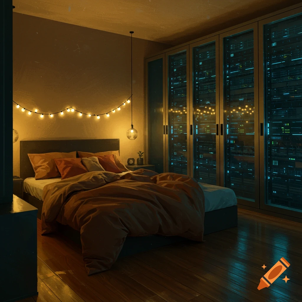 A cozy bedroom with string lights over a bed and a wall of glowing data servers, creating a futuristic atmosphere.