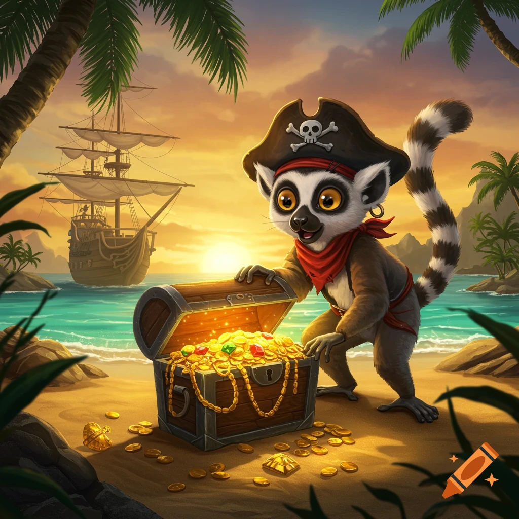 A cartoon pirate lemur in a tricorn hat and bandana looks into an open treasure chest filled with gold on a beach at sunset with a ship.