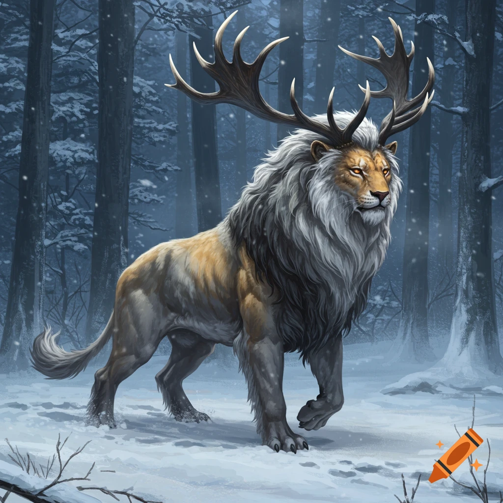 A majestic lion-deer hybrid creature with large antlers and a white mane walks through a snowy winter forest.